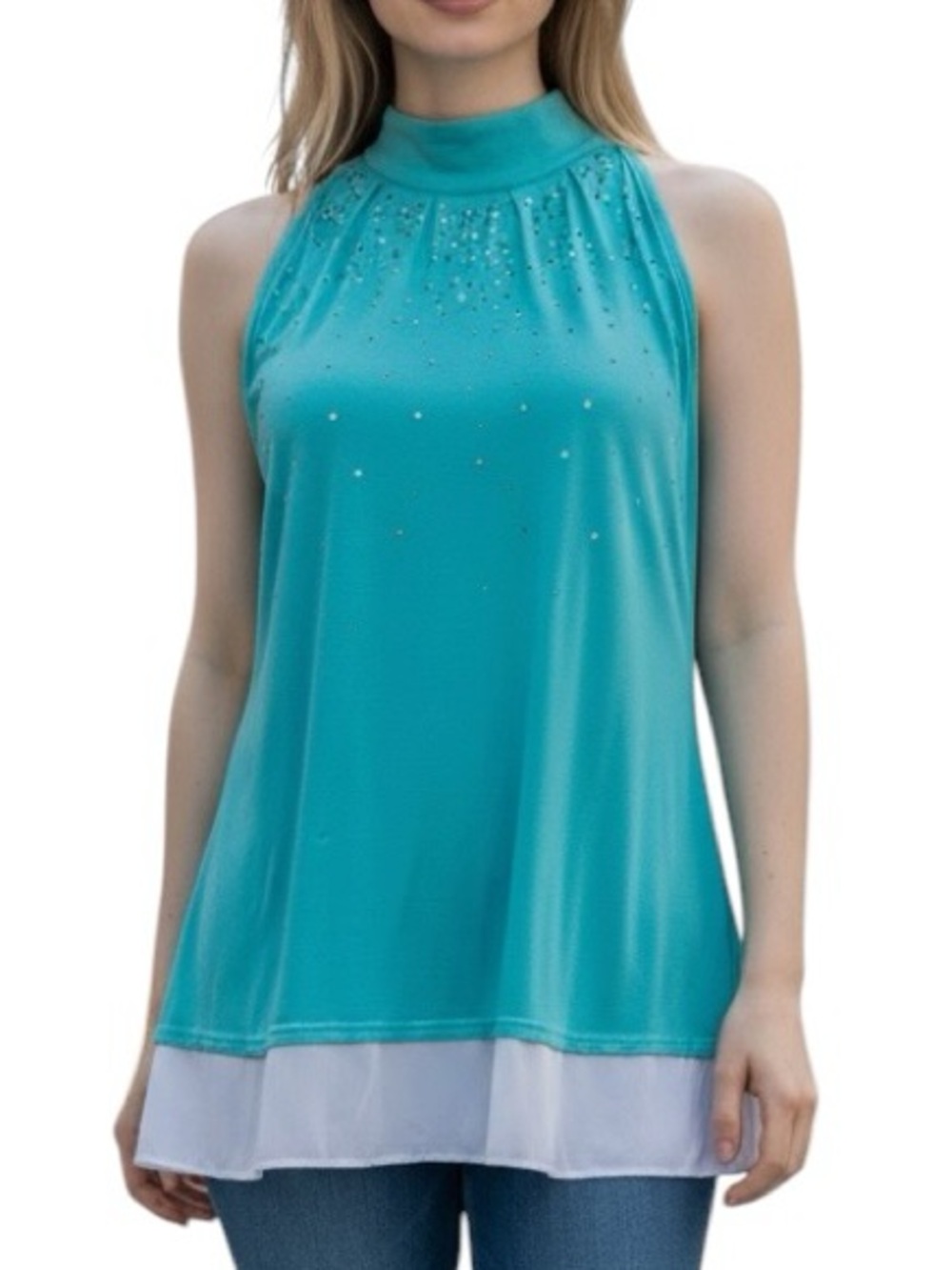 Belldini Teal Halter Neck Camisole Tunic with White Sheer Hem Size Large